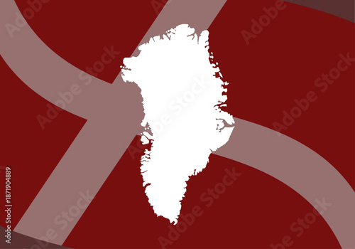 Mapa de groenlandia en color blanco sobre un fondo de bandera de dianamarca con ondas en tonos granates