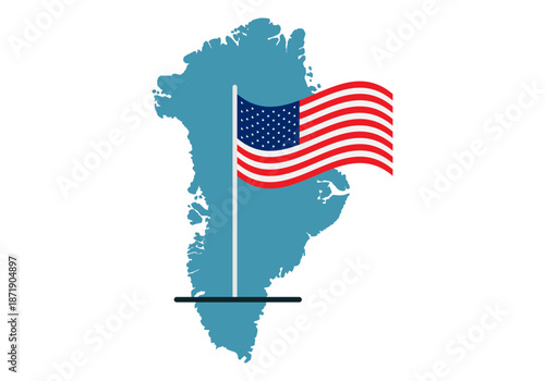 Bandera de estados unidos de américa ondeando en un asta sobre la silueta del mapa de groenlandia