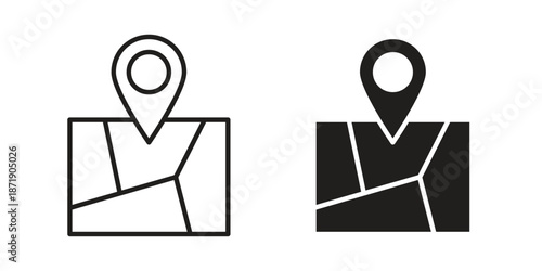 Map icons in a black filled and outlined style. Set of vector icons