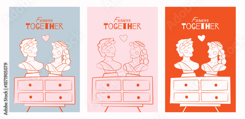 Love Themed Illustration with Antique Sculpture Busts
