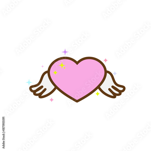 Stylized pink heart with white wings and colorful sparkles. Whimsical and romantic design perfect for Valentine’s Day, love-themed graphics, and cheerful digital decor.