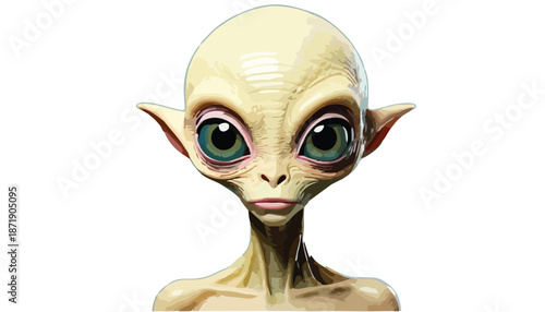 Close-up of a Grey Alien with Large Eyes on White Background.
