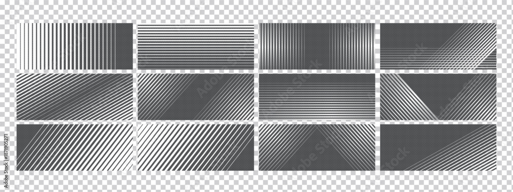 Obraz premium Set of abstract line and stripe gradient patterns with smooth fade transitions and geometric vector lattice design. Gradient transition lattice bg adds dynamic motion and modern texture.