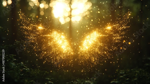 Golden, ethereal wings shimmer in a blurred forest, backlit by golden light.