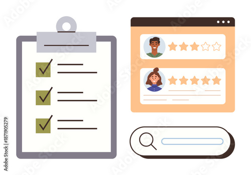 Business analysis, customer satisfaction, digital tools, online product reviews, feedback, evaluation. A checklist, user rating system and search bar. Customer satisfaction and business analysis