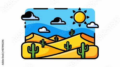 Vibrant desert landscape with rolling dunes, cacti, sunny sky, and fluffy clouds