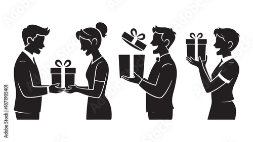 People Exchanging Gifts in Black Silhouette on White Background