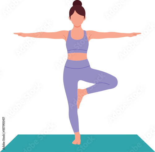 Women’s Day yoga illustration of woman practicing balance pose on mat for wellness and empowerment campaigns