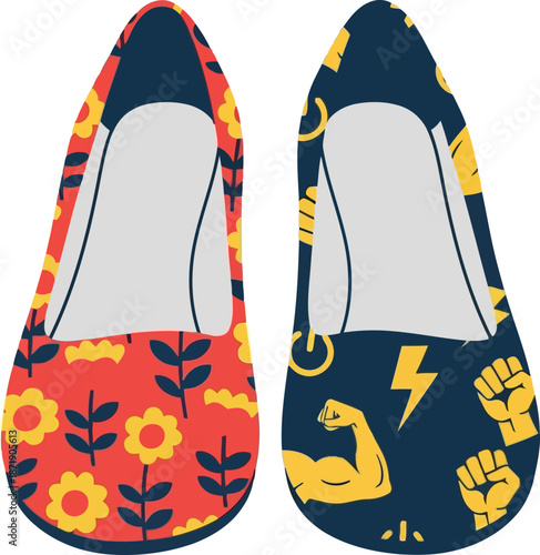 Women's Day empowerment shoes illustration with floral and strength patterns for feminist celebration designs