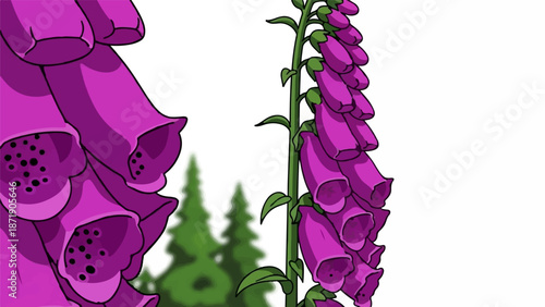 Vibrant digital illustration of bell-shaped purple flowers with green foliage in background