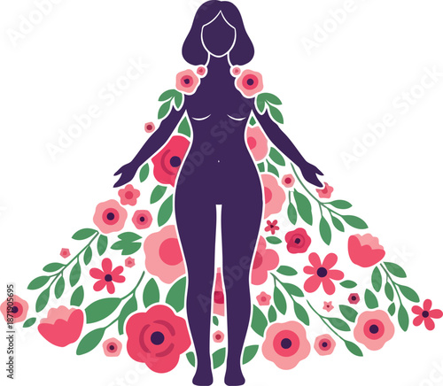 International Women's Day floral illustration with empowered woman silhouette and blooming flowers