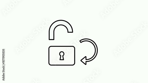 Unlocking a padlock with an open curved shackle and a keyhole on a plain white background from a straightforward viewpoint