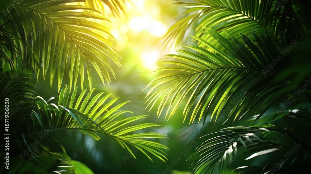 Obraz premium Lush, vibrant green palm leaves frame a bright, sunny, bokeh-filled background