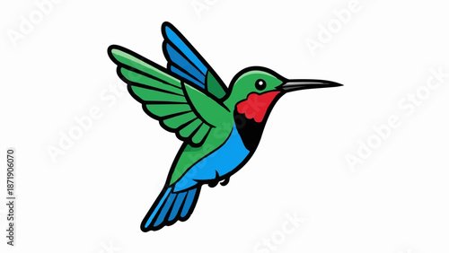 Vibrant green and blue hummingbird with red throat, mid-flight