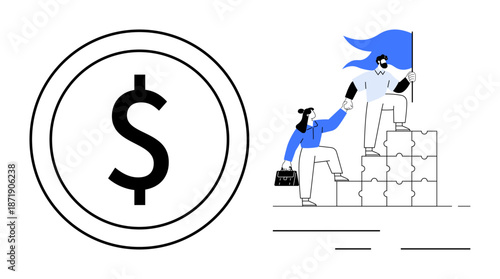 Financial planning, teamwork, leadership, business growth, collaboration, goal achievement. Two figures climbing stacked puzzle pieces holding a flag. Financial planning and teamwork concept