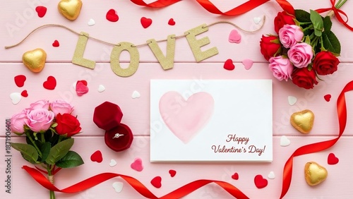 Valentine Flat Lay with Love Letter Card, Roses, Engagement Ring, Ribbon and Heart Decorations on Pink Wooden Background for Greeting Card, Wedding Proposal and Valentine Marketing Design