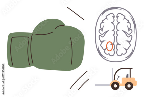 Health risks, brain trauma, workplace safety, neurological studies, physical injuries, boxing sports. Boxing glove hitting a brain diagram and a forklift. Brain trauma and workplace safety visuals