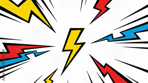 Vibrant lightning bolts in red, blue, and yellow radiate outwards on a white background