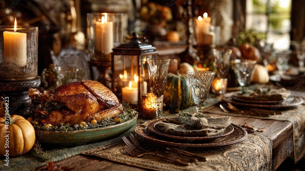 Fototapeta premium Rustic Thanksgiving Feast with Golden Roast Turkey and Elegant Table Setting in a Cozy Atmosphere