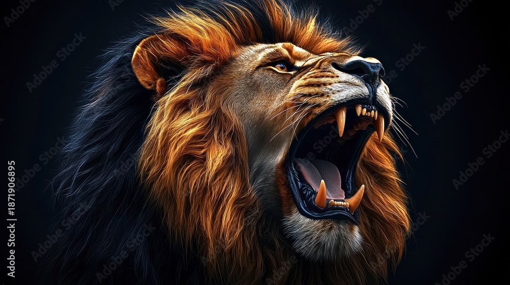 Naklejka premium Roaring lion with an orange and black mane against a dark background