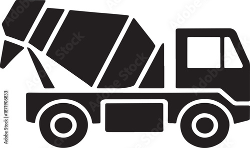 Black silhouette of a concrete mixer truck with a rotating drum on a white background