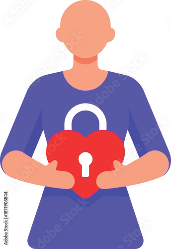 Women's Day illustration of woman holding heart with lock symbolizing empowerment and self-love