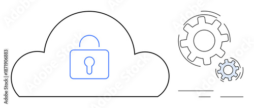 Cybersecurity, data protection, cloud storage, IT infrastructure, secure access, technology processes. A cloud with a padlock and mechanical gears. Cybersecurity and data protection concept