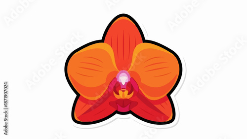 Vibrant orange and red orchid bloom, detailed petals, central pink and yellow stamen