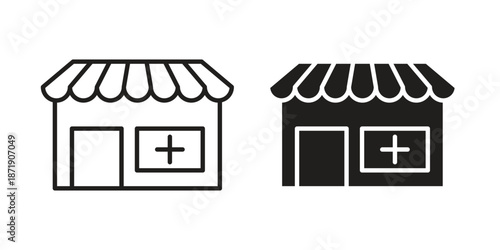 Pharmacy icons in a black filled and outlined style. Set of vector icons