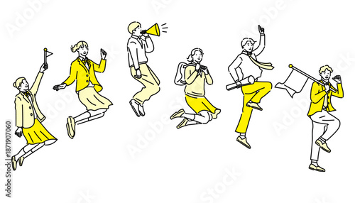 メガホンや旗を持ってジャンプする男女の学生-受験生応援ー人物シンプルベクターイラスト素材