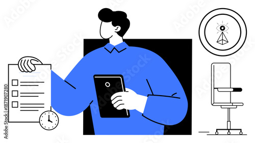 Task organization, productivity, remote work, office setup, time management, goal setting. A person holding a checklist and tablet next to an office chair and clock. Task organization