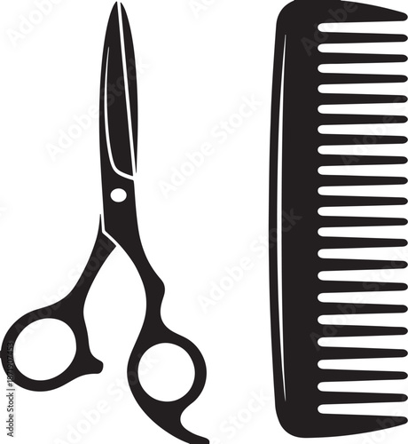 Black silhouette of barber scissors and comb on white background hairdressing hair