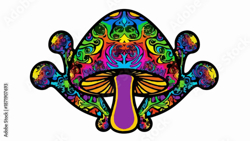 Vibrant, psychedelic mushroom with intricate, swirling patterns and bold colors