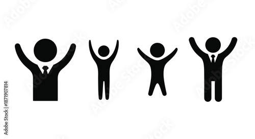 Four stick figures with raised arms in a celebratory or triumphant pose