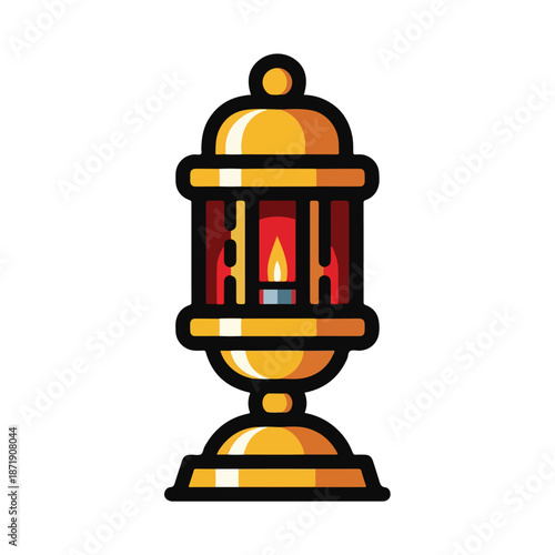 A colorful, cartoonish illustration of an oil lamp with a lit wick