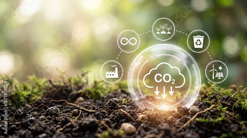 Digital CO2 reduction bubble with arrows and sustainability icons on rich dark soil under warm sunlight promoting environmental protection and a green future