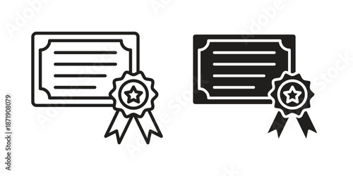 Qualification icons in a black filled and outlined style. Set of vector icons
