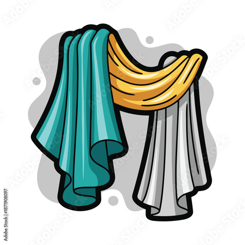 A colorful illustration of three draped fabrics