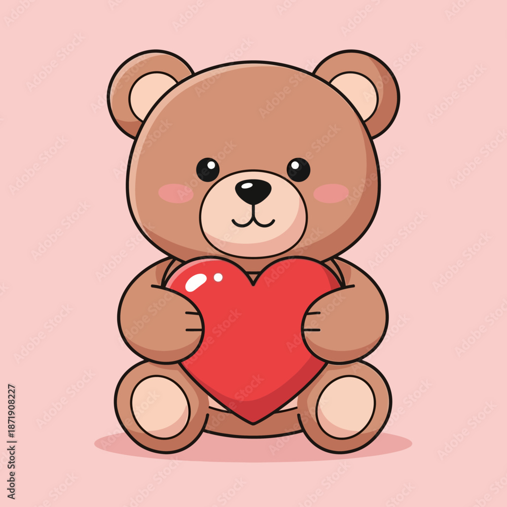 Fototapeta premium Cute animated brown teddy bear character holding a vibrant red heart, conveying heartfelt emotions, warmth, and affection, ideal for Valentine's Day or expressing love and friendship with tender care