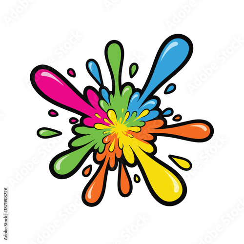 A colorful paint splat with rainbow hues and black outline