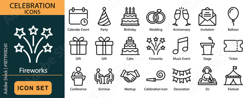 Celebration icon set, labeled party symbols, birthday, wedding, music event, decoration, vector graphic, black outline, isolated