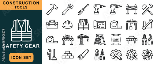 Construction and tools icon set, labeled equipment, safety gear, blueprint, wrench, drill, vector graphic, black outline, isolated