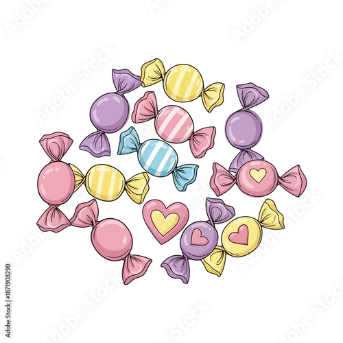 A vibrant assortment of individually wrapped sweet candies in soft pastel colors, featuring charming stripes and heartwarming heart shapes, perfect for any celebration or joyful occasion