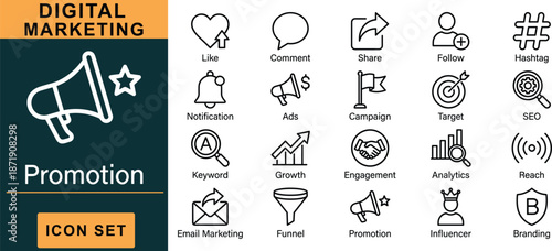 Digital marketing icon set, black line style, social media SEO email funnel analytics hashtag influencer branding, vector graphic