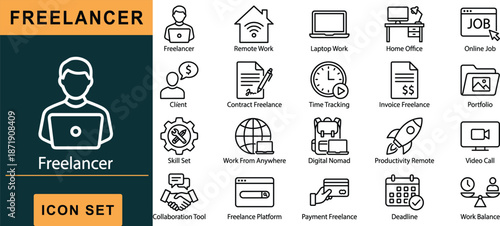 Freelancer icon set, labeled grid layout, remote work tools, digital nomad concepts, black outline, isolated, vector graphic