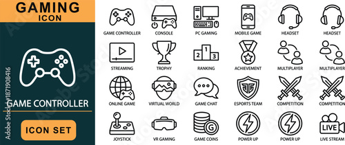 Gaming icon set, labeled video game symbols, console, multiplayer, VR, streaming, achievement, vector graphic, black outline, isolated