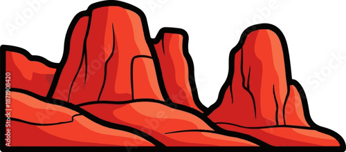 Vibrant red rock formations with black outlines, depicting a desert landscape