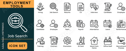 Human resources icon set, employment tools, hiring, resume, interview, payroll, labeled symbols, vector graphic, black outline, isolated