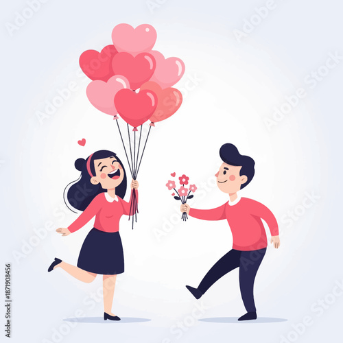 Happy Couple Celebrating Love with Balloons and Flowers on Valentine's Day Illustration