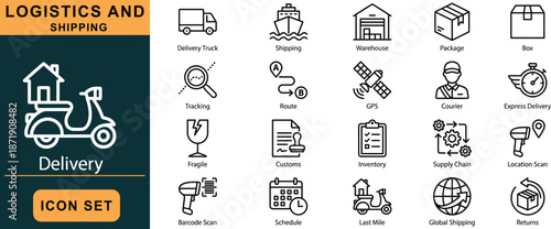 Logistics and shipping icon set, delivery tools, supply chain symbols, labeled transport elements, vector graphic, black outline, isolated